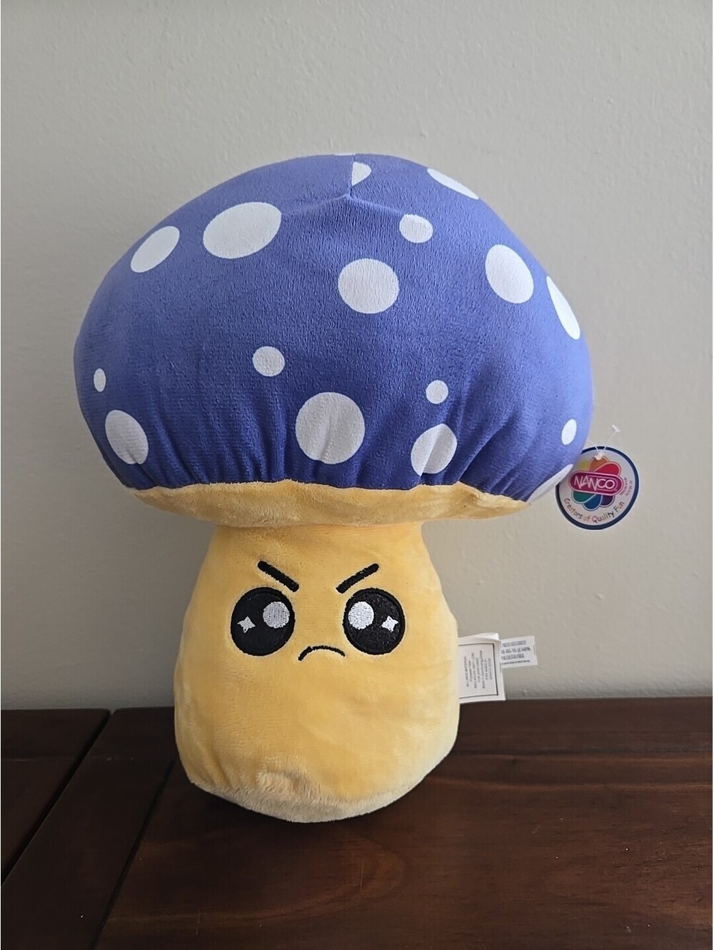 New Plush Mushroom Purple Yellow Beige 12” Sparkly Eyes Angry Face Stuffed Nanco